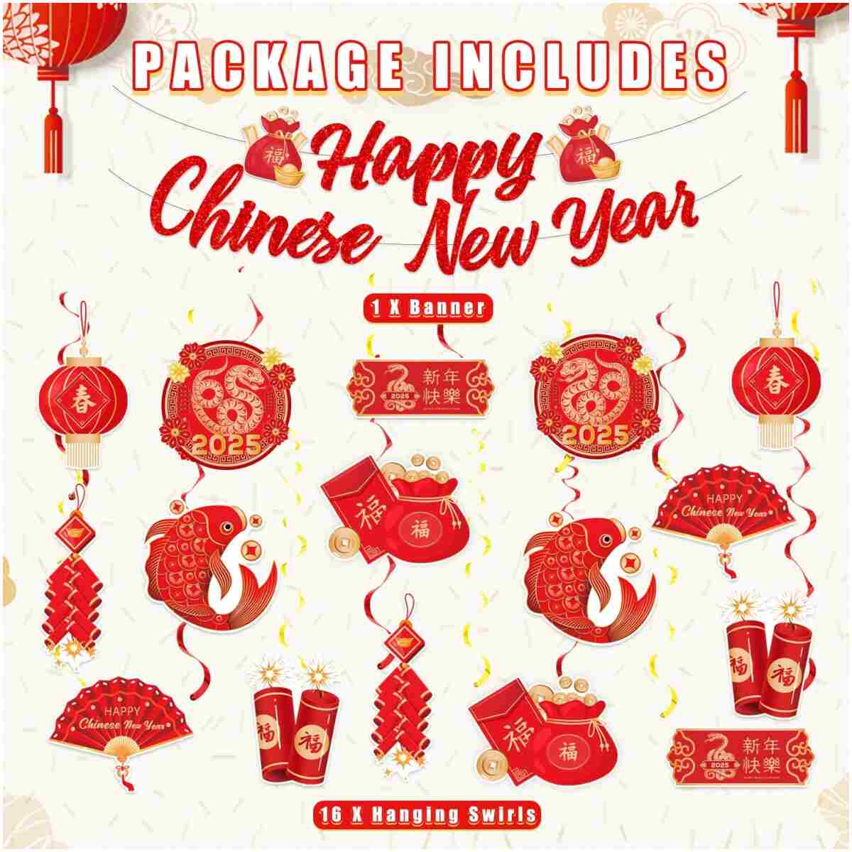 LARRAZABAL Chinese New Year Decorations 2025, Lunar Chinese New Year Decorations Include Chinese New Year Banners and Hanging Swirls for Home Office, Chinese New Year 2025 Party...