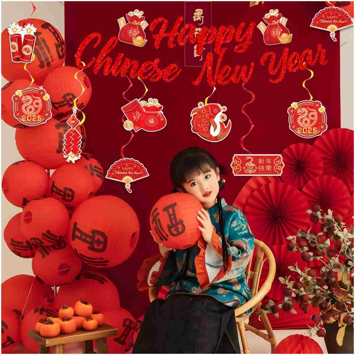 LARRAZABAL Chinese New Year Decorations 2025, Lunar Chinese New Year Decorations Include Chinese New Year Banners and Hanging Swirls for Home Office, Chinese New Year 2025 Party...