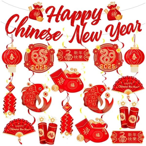 LARRAZABAL Chinese New Year Decorations 2025, Lunar Chinese New Year Decorations Include Chinese New Year Banners and Hanging Swirls for Home Office, Chinese New Year 2025 Party...