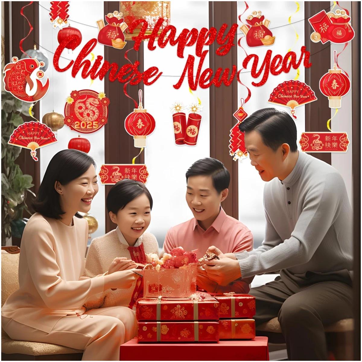 LARRAZABAL Chinese New Year Decorations 2025, Lunar Chinese New Year Decorations Include Chinese New Year Banners and Hanging Swirls for Home Office, Chinese New Year 2025 Party...