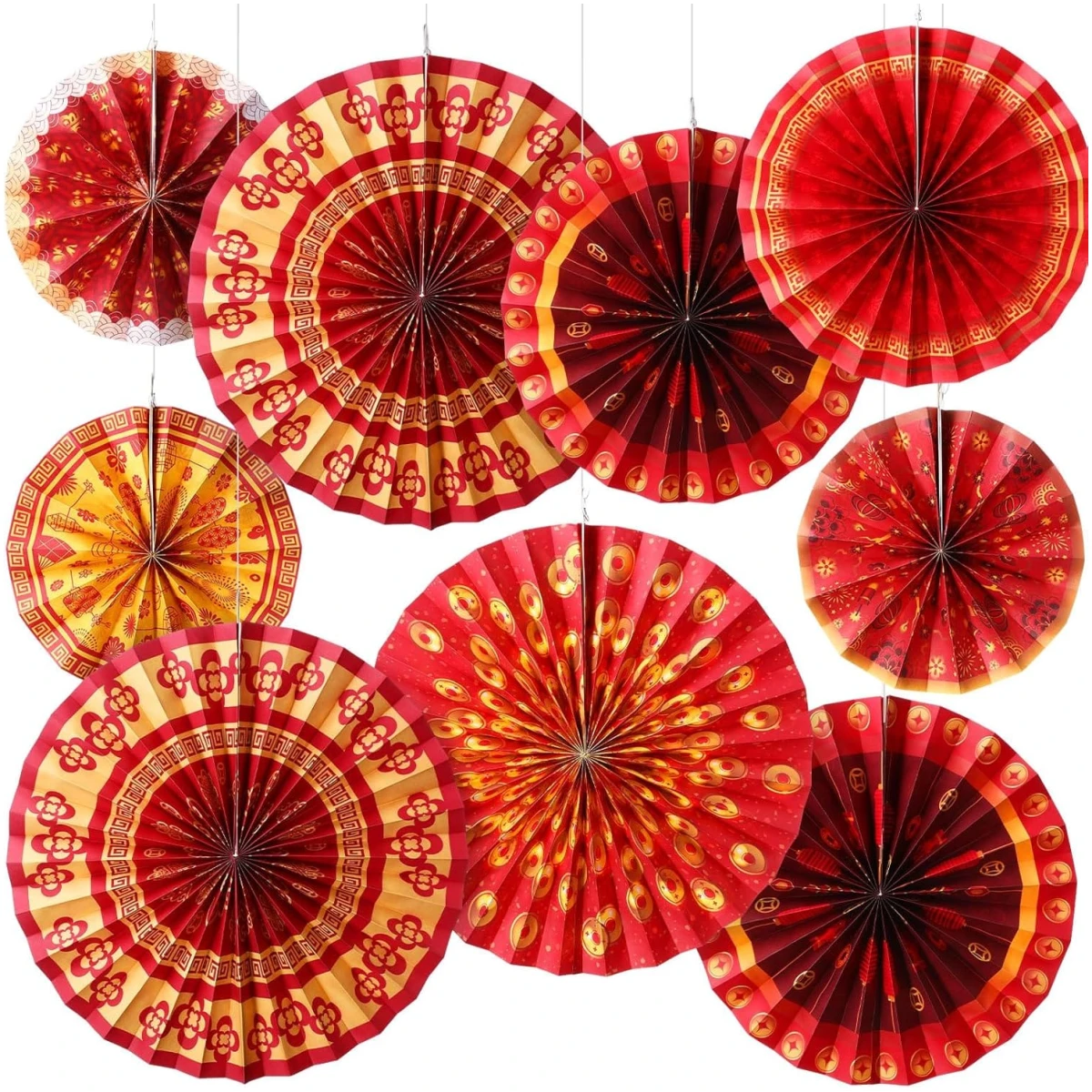 Outus 9 Pcs Chinese New Year Decorations Paper Fans Red Chinese Hanging Ornaments Lunar New Year Party Fan Ceiling Wall Decor for 2025 Year of The Snake Spring Festival Party...