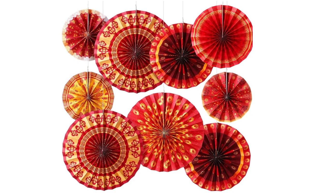 Outus 9 Pcs Chinese New Year Decorations Paper Fans Red Chinese Hanging Ornaments Lunar New Year Party Fan Ceiling Wall Decor for 2025 Year of The Snake Spring Festival Party...