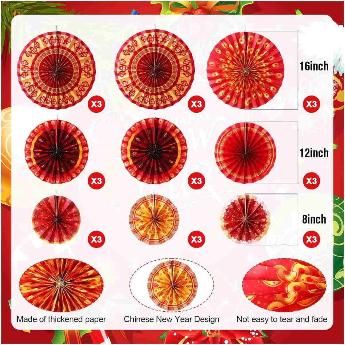 Outus 9 Pcs Chinese New Year Decorations Paper Fans Red Chinese Hanging Ornaments Lunar New Year Party Fan Ceiling Wall Decor for 2025 Year of The Snake Spring Festival Party...
