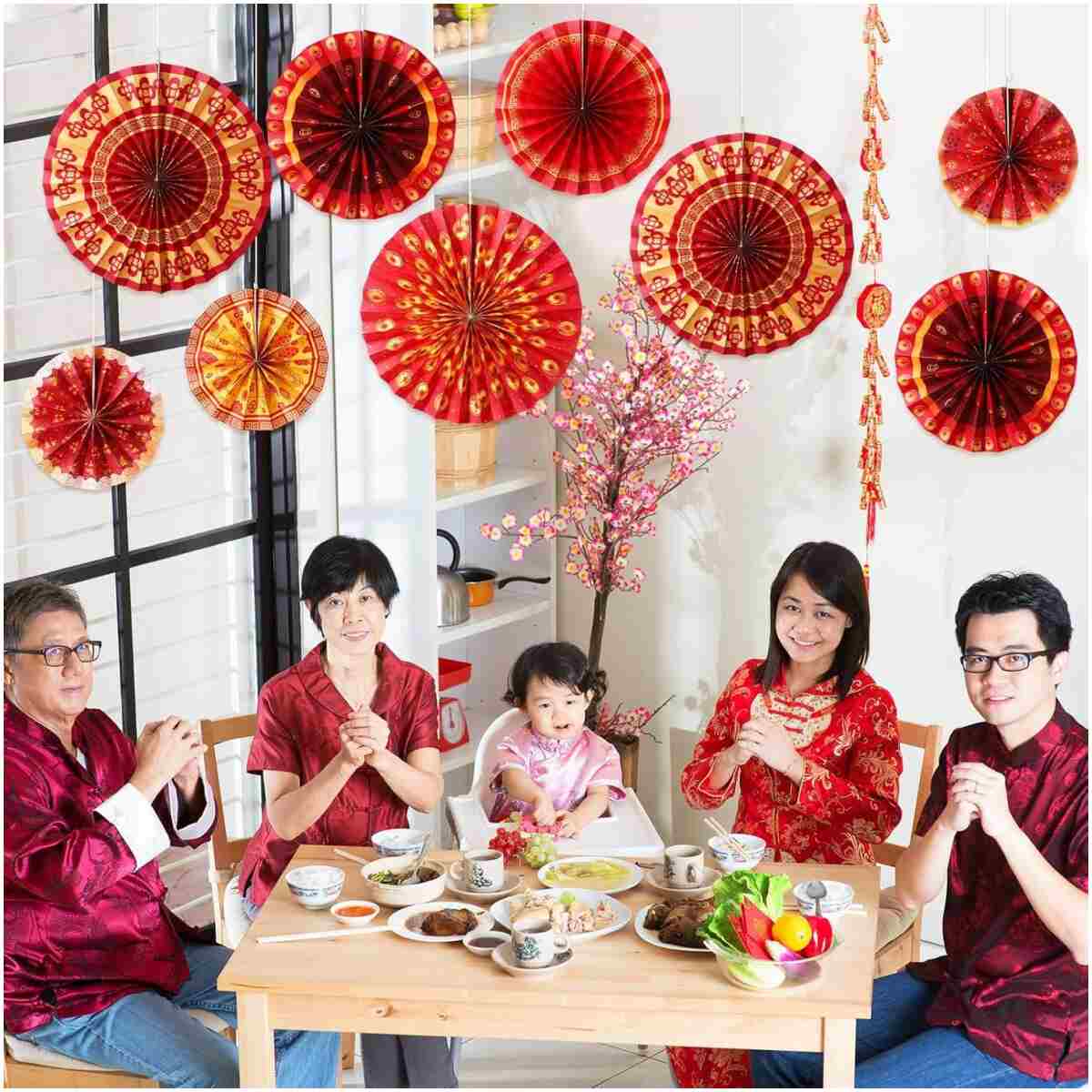 Outus 9 Pcs Chinese New Year Decorations Paper Fans Red Chinese Hanging Ornaments Lunar New Year Party Fan Ceiling Wall Decor for 2025 Year of The Snake Spring Festival Party...