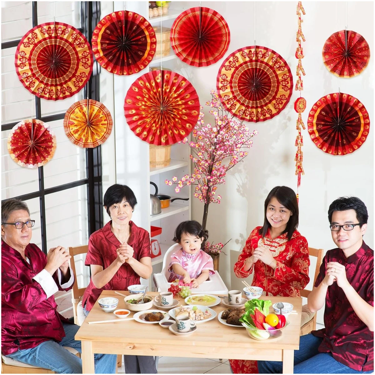 Outus 9 Pcs Chinese New Year Decorations Paper Fans Red Chinese Hanging Ornaments Lunar New Year Party Fan Ceiling Wall Decor for 2025 Year of The Snake Spring Festival Party...