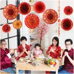 Outus 9 Pcs Chinese New Year Decorations Paper Fans Red Chinese Hanging Ornaments Lunar New Year Party Fan Ceiling Wall Decor for 2025 Year of The Snake Spring Festival Party...