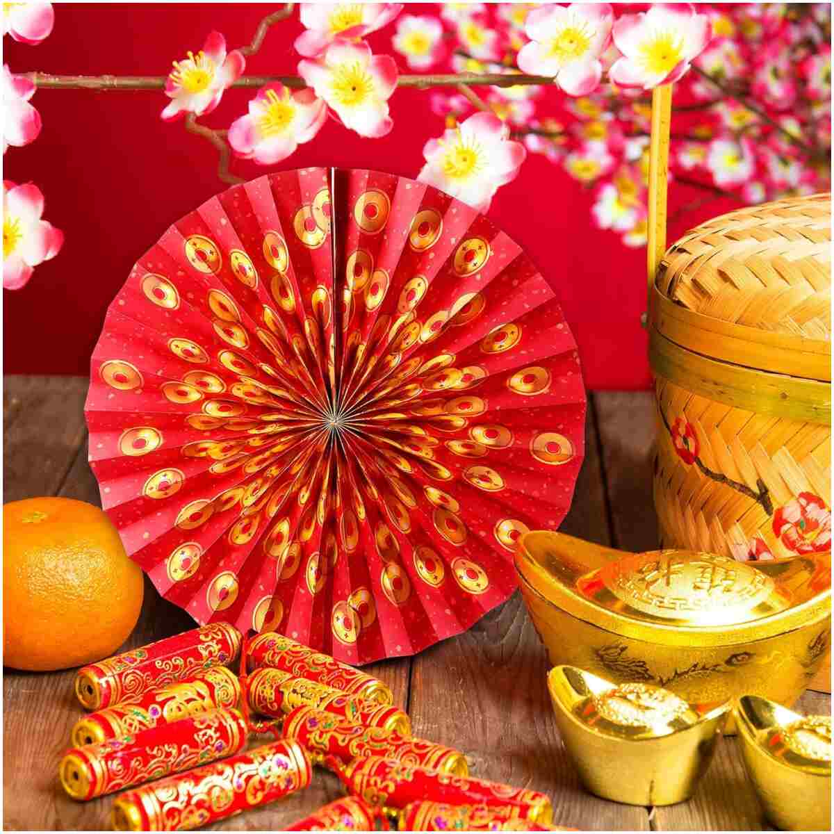 Outus 9 Pcs Chinese New Year Decorations Paper Fans Red Chinese Hanging Ornaments Lunar New Year Party Fan Ceiling Wall Decor for 2025 Year of The Snake Spring Festival Party...