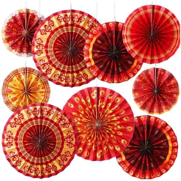 Outus 9 Pcs Chinese New Year Decorations Paper Fans Red Chinese Hanging Ornaments Lunar New Year Party Fan Ceiling Wall Decor for 2025 Year of The Snake Spring Festival Party...
