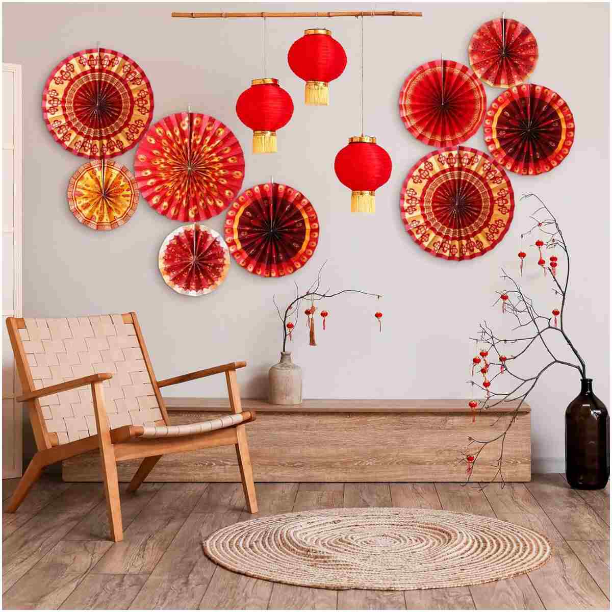 Outus 9 Pcs Chinese New Year Decorations Paper Fans Red Chinese Hanging Ornaments Lunar New Year Party Fan Ceiling Wall Decor for 2025 Year of The Snake Spring Festival Party...