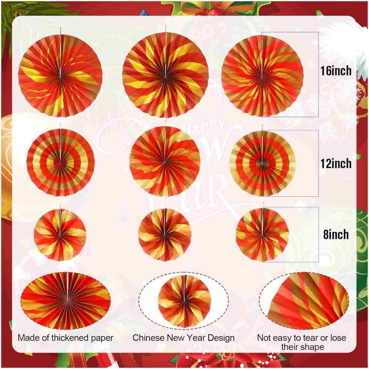 Outus 9 Pcs Chinese New Year Decorations Paper Fans Red Chinese Hanging Ornaments Lunar New Year Party Fan Ceiling Wall Decor for 2025 Year of The Snake Spring Festival Party...
