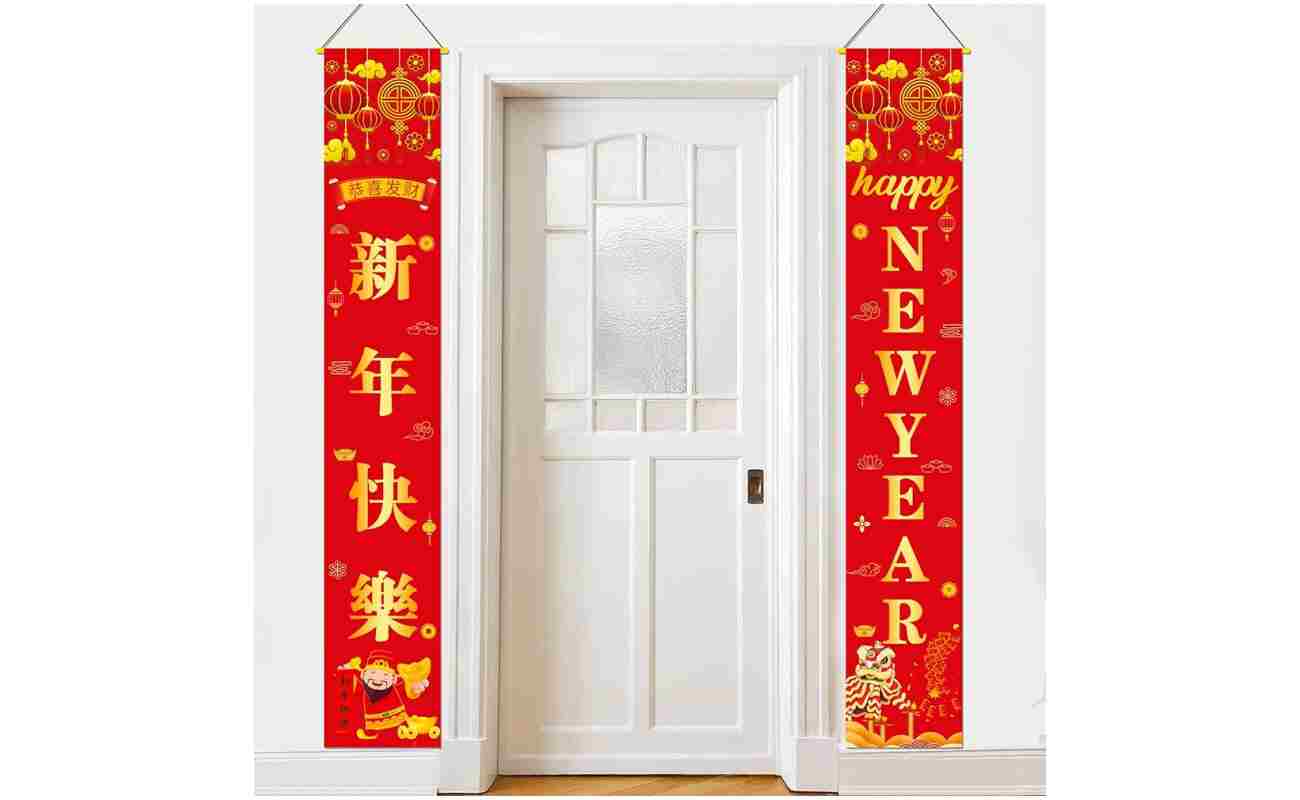 Red Happy Chinese Lunar New Year 2025 Decorations Supplies Hanging Flags Happy New Year Banner Porch Sign for Front Door Indoor Outdoor 12x72 Inch 2025 Spring Festival Hanging...