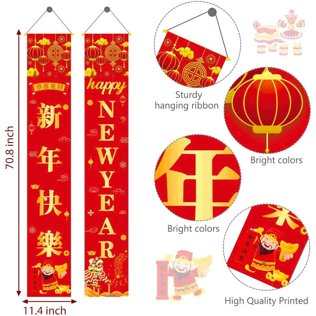 Red Happy Chinese Lunar New Year 2025 Decorations Supplies Hanging Flags Happy New Year Banner Porch Sign for Front Door Indoor Outdoor 12x72 Inch 2025 Spring Festival Hanging...