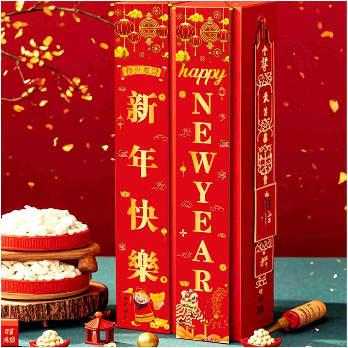 Red Happy Chinese Lunar New Year 2025 Decorations Supplies Hanging Flags Happy New Year Banner Porch Sign for Front Door Indoor Outdoor 12x72 Inch 2025 Spring Festival Hanging...