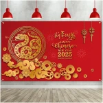 Sumind 2025 Happy Chinese New Year Large Decoration 72.8 x 43.3 Inch The Year of The Snake Fabric Backdrop, Booth Red Flowers Lucky Cloud Background Banner for Holiday Spring...