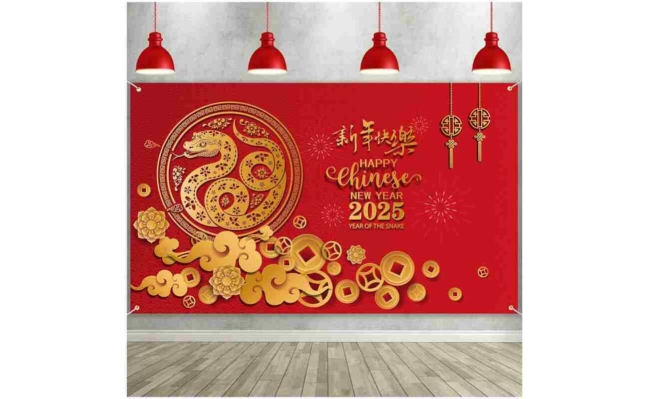 Sumind 2025 Happy Chinese New Year Large Decoration 72.8 x 43.3 Inch The Year of The Snake Fabric Backdrop, Booth Red Flowers Lucky Cloud Background Banner for Holiday Spring...