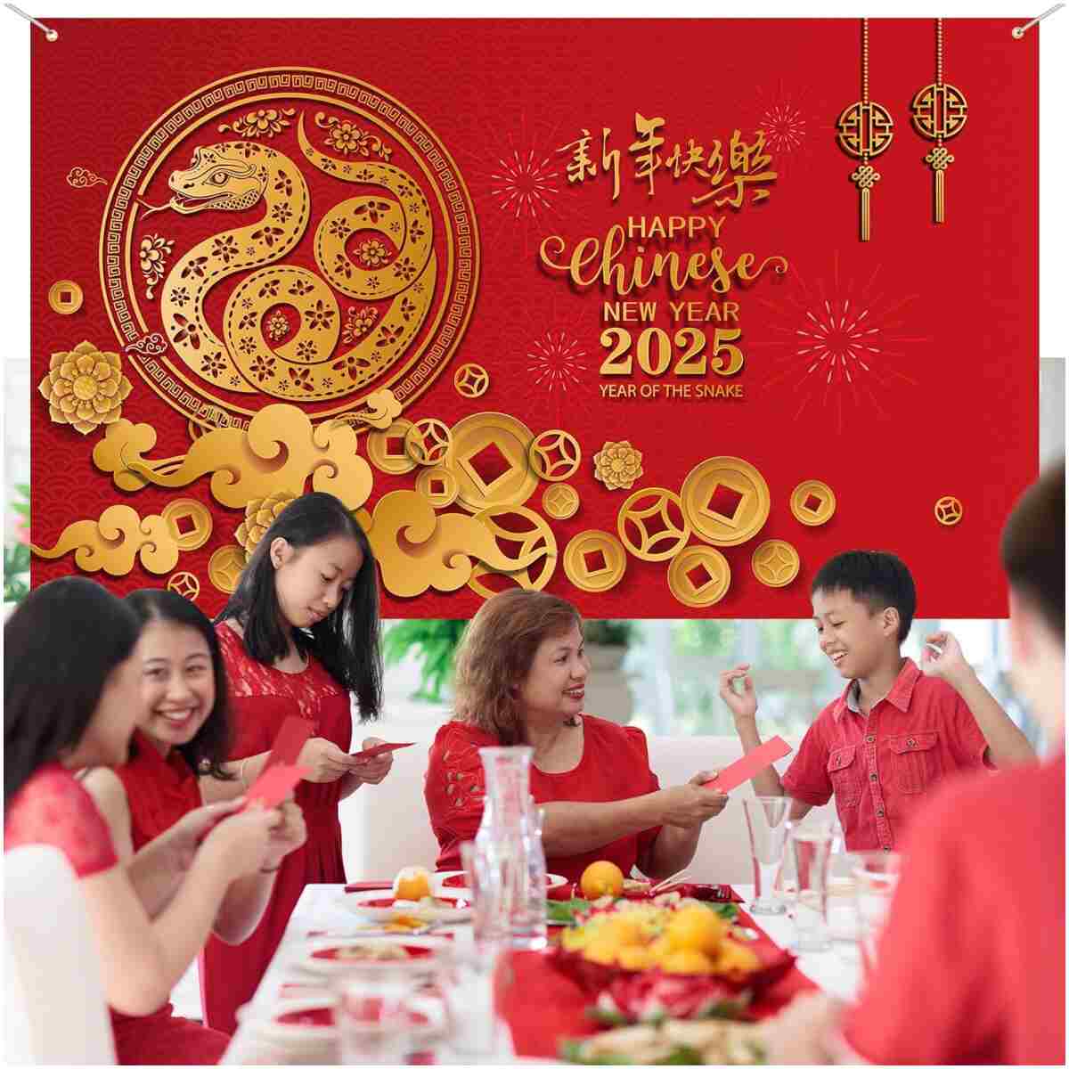 Sumind 2025 Happy Chinese New Year Large Decoration 72.8 x 43.3 Inch The Year of The Snake Fabric Backdrop, Booth Red Flowers Lucky Cloud Background Banner for Holiday Spring...