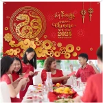 Sumind 2025 Happy Chinese New Year Large Decoration 72.8 x 43.3 Inch The Year of The Snake Fabric Backdrop, Booth Red Flowers Lucky Cloud Background Banner for Holiday Spring...
