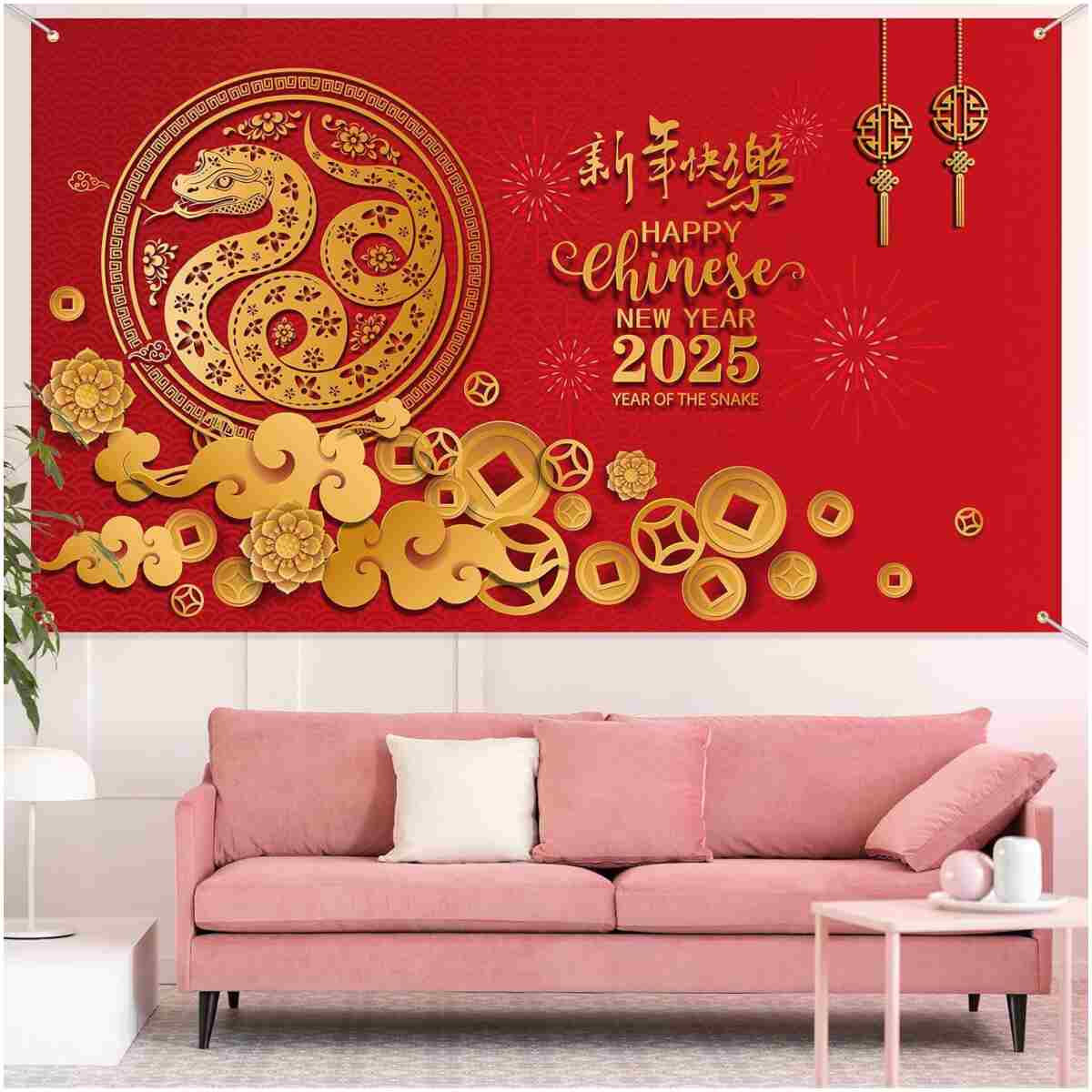 Sumind 2025 Happy Chinese New Year Large Decoration 72.8 x 43.3 Inch The Year of The Snake Fabric Backdrop, Booth Red Flowers Lucky Cloud Background Banner for Holiday Spring...