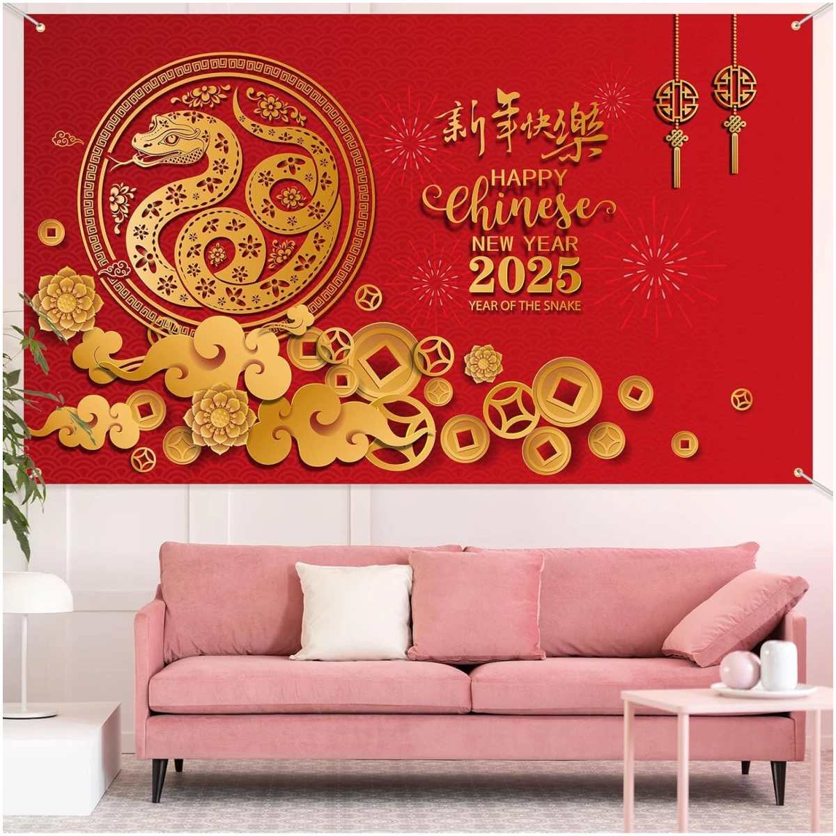 Sumind 2025 Happy Chinese New Year Large Decoration 72.8 x 43.3 Inch The Year of The Snake Fabric Backdrop, Booth Red Flowers Lucky Cloud Background Banner for Holiday Spring...
