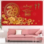 Sumind 2025 Happy Chinese New Year Large Decoration 72.8 x 43.3 Inch The Year of The Snake Fabric Backdrop, Booth Red Flowers Lucky Cloud Background Banner for Holiday Spring...
