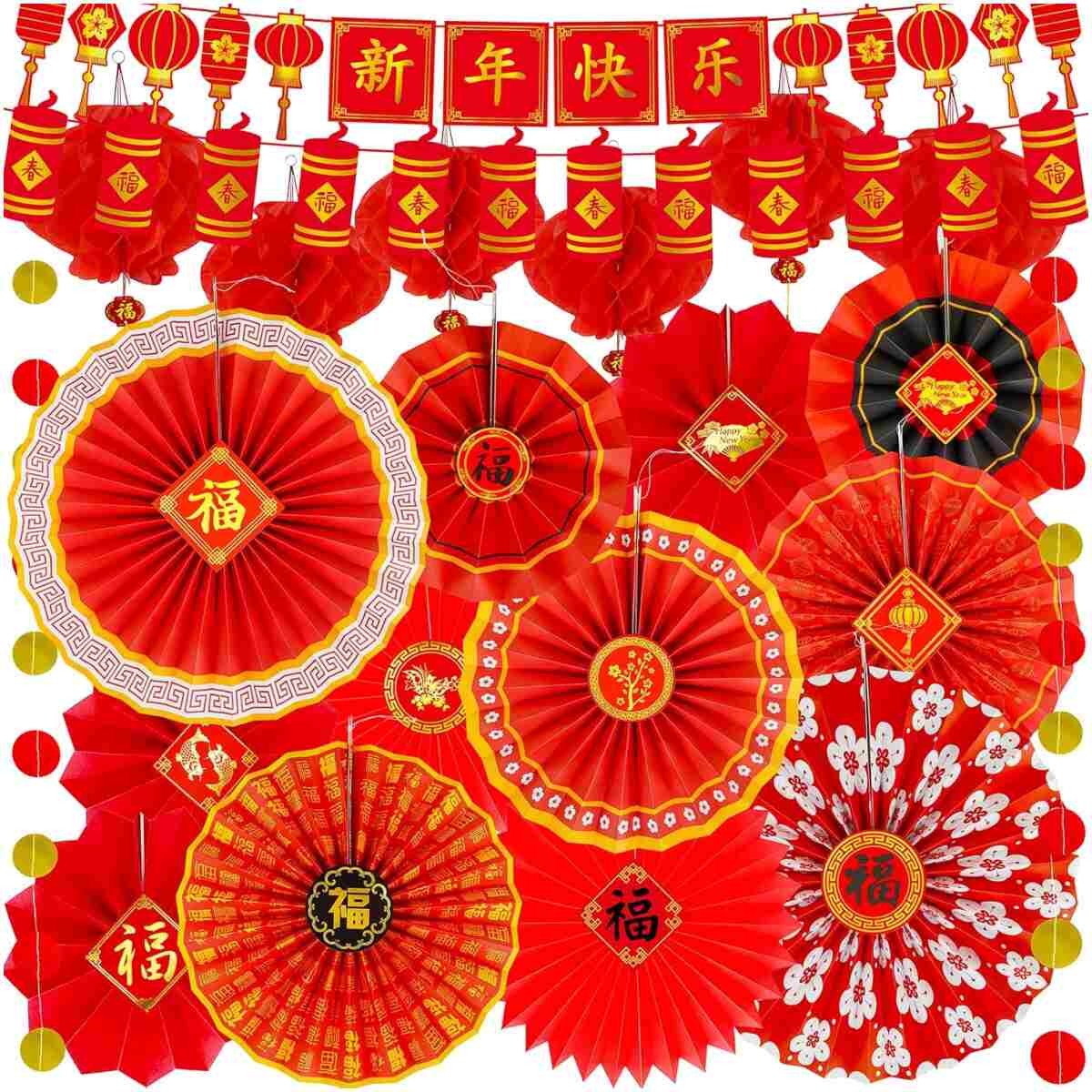 Winlyn 20 Pcs Bulk Chinese New Year Party Decorations Chinese Red Lanterns Oriental Hanging Lucky Paper Fans New Year Banner for Asian Lunar New Year The Year of Snake Festival...