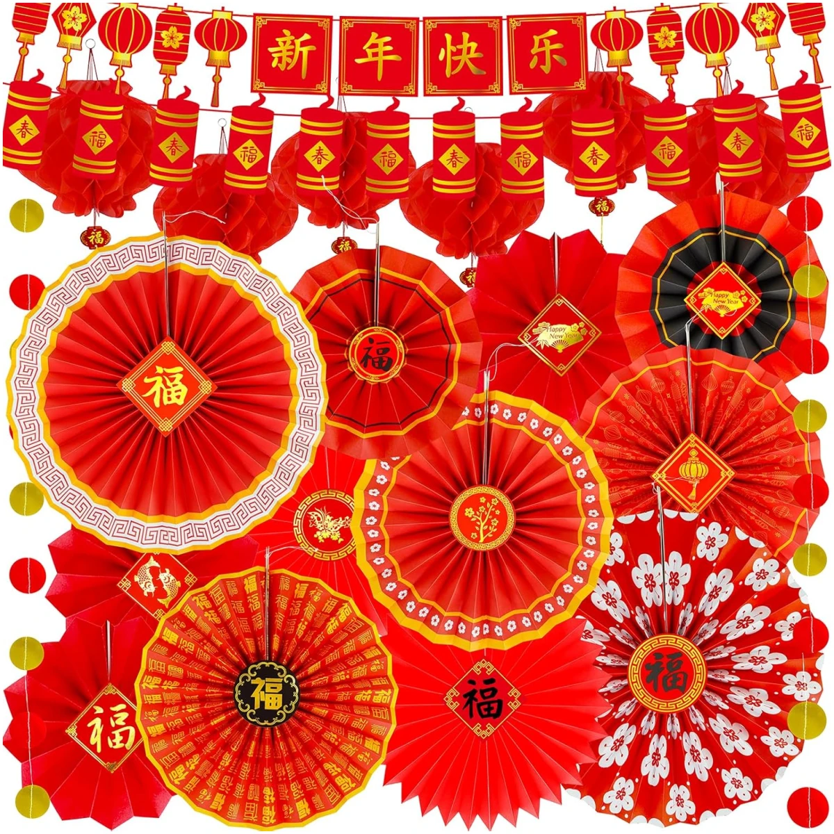 Winlyn 20 Pcs Bulk Chinese New Year Party Decorations Chinese Red Lanterns Oriental Hanging Lucky Paper Fans New Year Banner for Asian Lunar New Year The Year of Snake Festival...