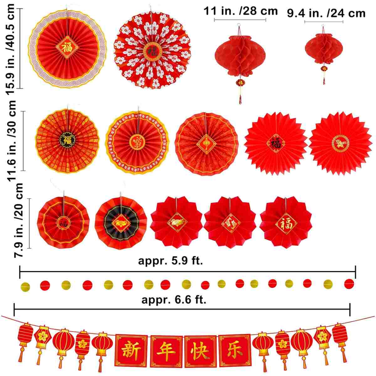 Winlyn 20 Pcs Bulk Chinese New Year Party Decorations Chinese Red Lanterns Oriental Hanging Lucky Paper Fans New Year Banner for Asian Lunar New Year The Year of Snake Festival...