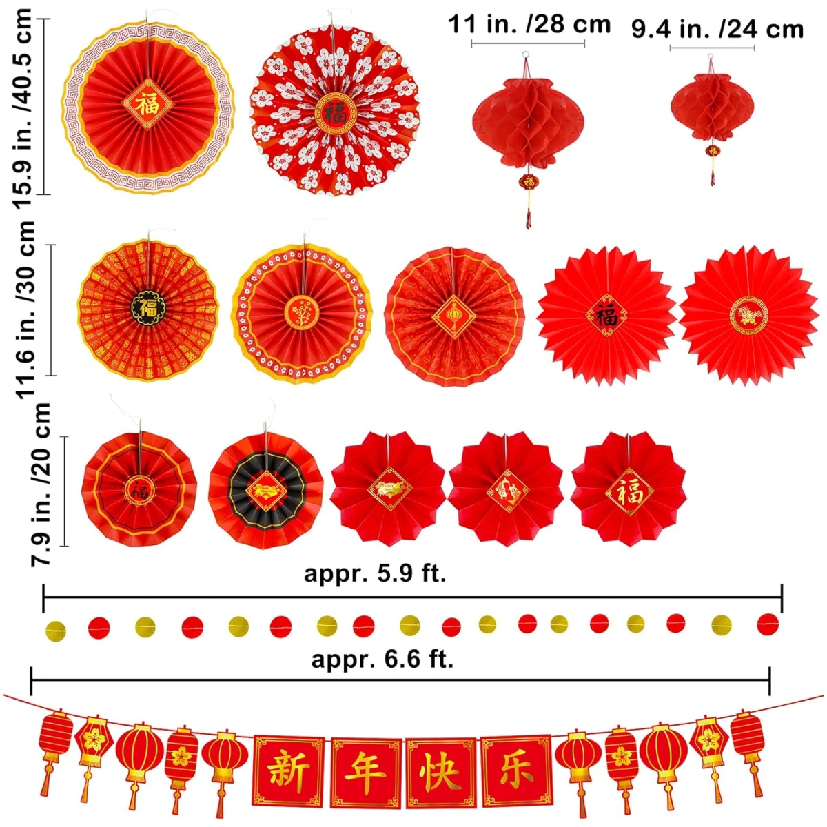 Winlyn 20 Pcs Bulk Chinese New Year Party Decorations Chinese Red Lanterns Oriental Hanging Lucky Paper Fans New Year Banner for Asian Lunar New Year The Year of Snake Festival...