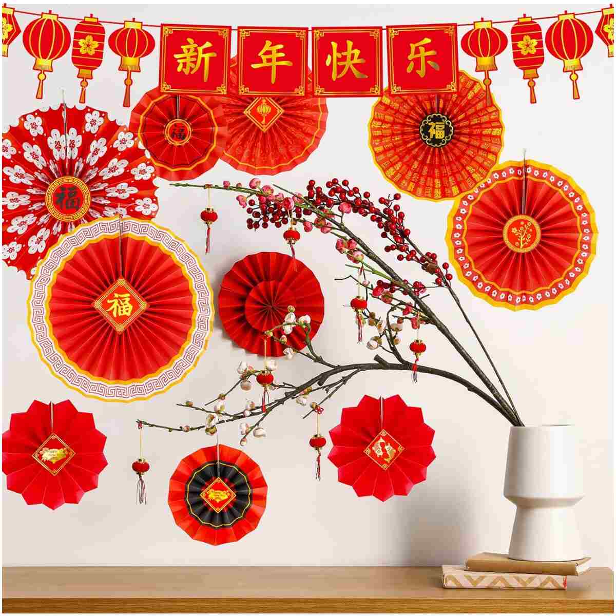 Winlyn 20 Pcs Bulk Chinese New Year Party Decorations Chinese Red Lanterns Oriental Hanging Lucky Paper Fans New Year Banner for Asian Lunar New Year The Year of Snake Festival...