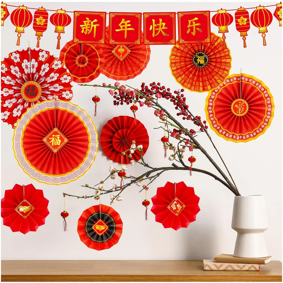 Winlyn 20 Pcs Bulk Chinese New Year Party Decorations Chinese Red Lanterns Oriental Hanging Lucky Paper Fans New Year Banner for Asian Lunar New Year The Year of Snake Festival...