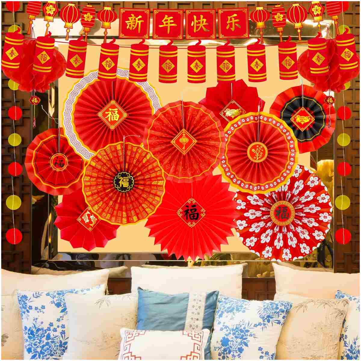 Winlyn 20 Pcs Bulk Chinese New Year Party Decorations Chinese Red Lanterns Oriental Hanging Lucky Paper Fans New Year Banner for Asian Lunar New Year The Year of Snake Festival...