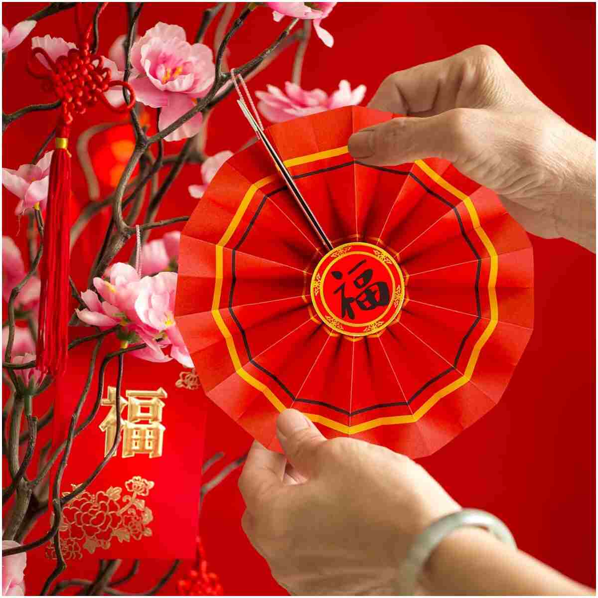 Winlyn 20 Pcs Bulk Chinese New Year Party Decorations Chinese Red Lanterns Oriental Hanging Lucky Paper Fans New Year Banner for Asian Lunar New Year The Year of Snake Festival...