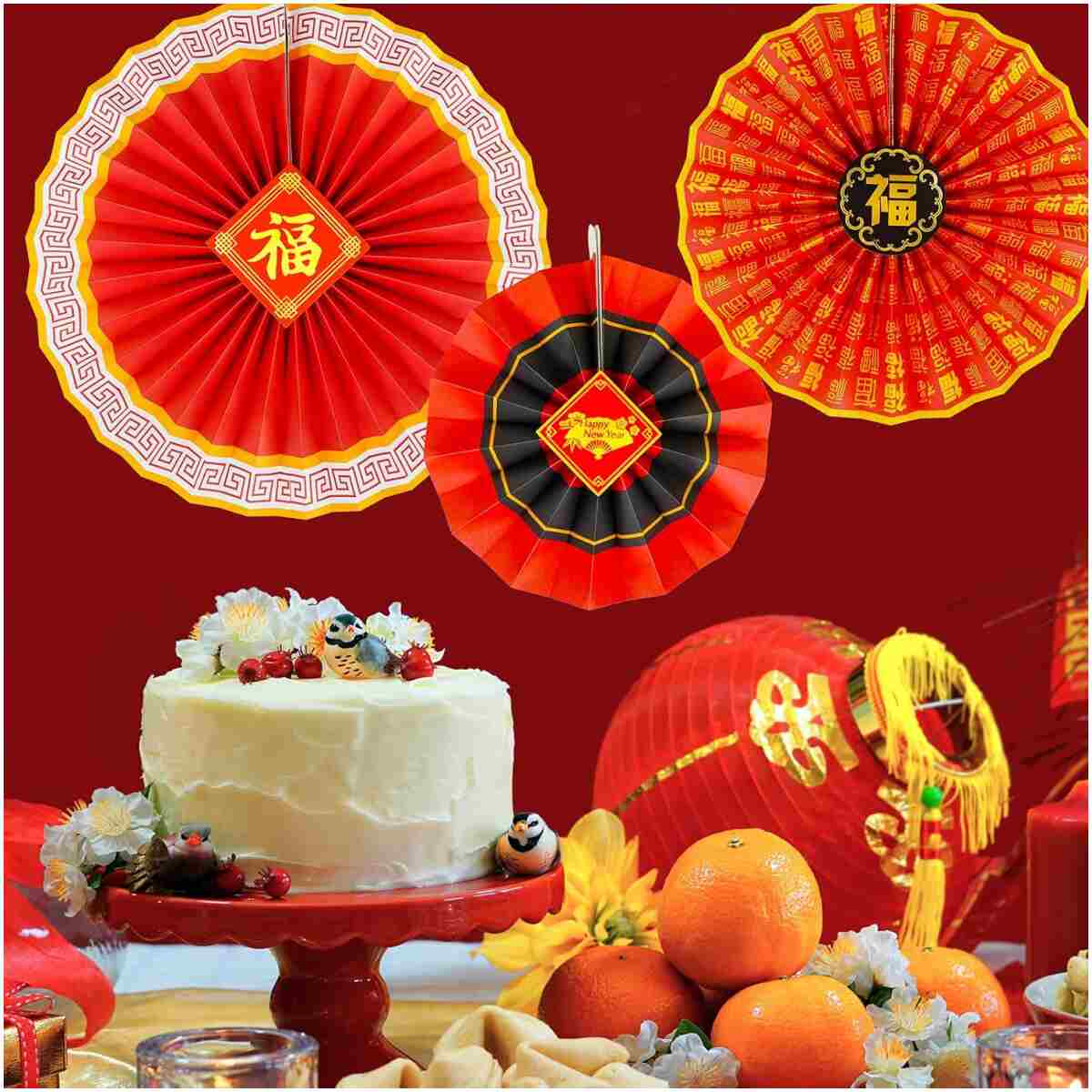 Winlyn 20 Pcs Bulk Chinese New Year Party Decorations Chinese Red Lanterns Oriental Hanging Lucky Paper Fans New Year Banner for Asian Lunar New Year The Year of Snake Festival...