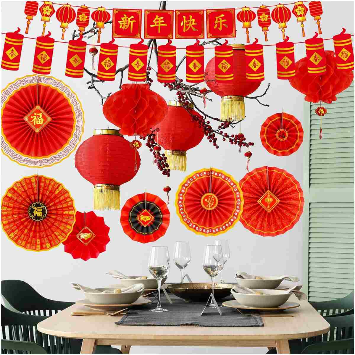 Winlyn 20 Pcs Bulk Chinese New Year Party Decorations Chinese Red Lanterns Oriental Hanging Lucky Paper Fans New Year Banner for Asian Lunar New Year The Year of Snake Festival...