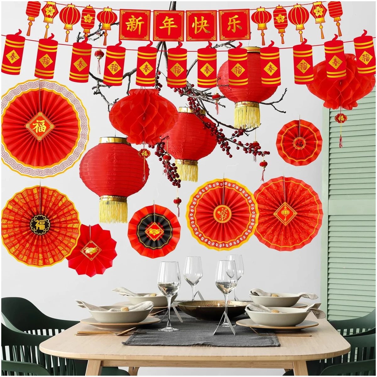 Winlyn 20 Pcs Bulk Chinese New Year Party Decorations Chinese Red Lanterns Oriental Hanging Lucky Paper Fans New Year Banner for Asian Lunar New Year The Year of Snake Festival...