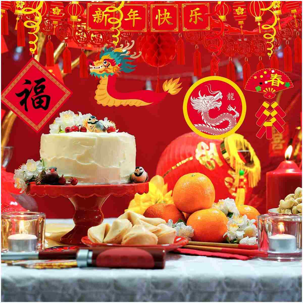 Winlyn Bulk Chinese New Year Party Decorations Oriental Hanging Red Lanterns Lucky Garland Party Swirls New Year Banner Honeycomb Balls for Asian Lunar New Year Snake Year...