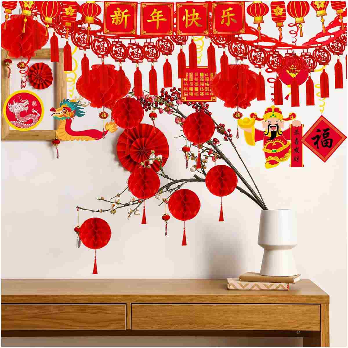 Winlyn Bulk Chinese New Year Party Decorations Oriental Hanging Red Lanterns Lucky Garland Party Swirls New Year Banner Honeycomb Balls for Asian Lunar New Year Snake Year...
