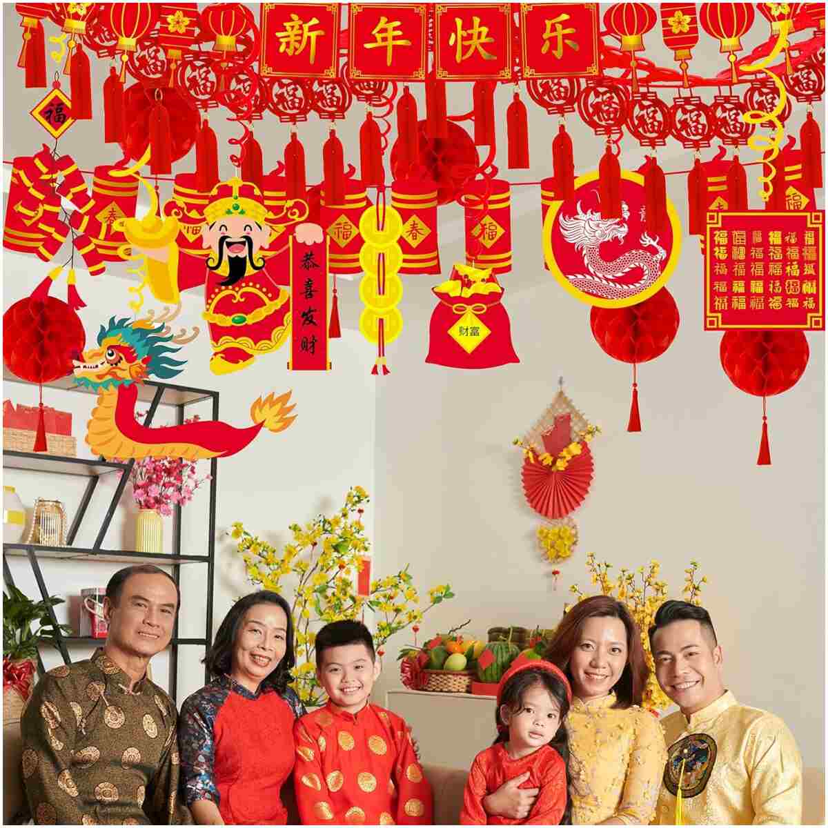 Winlyn Bulk Chinese New Year Party Decorations Oriental Hanging Red Lanterns Lucky Garland Party Swirls New Year Banner Honeycomb Balls for Asian Lunar New Year Snake Year...
