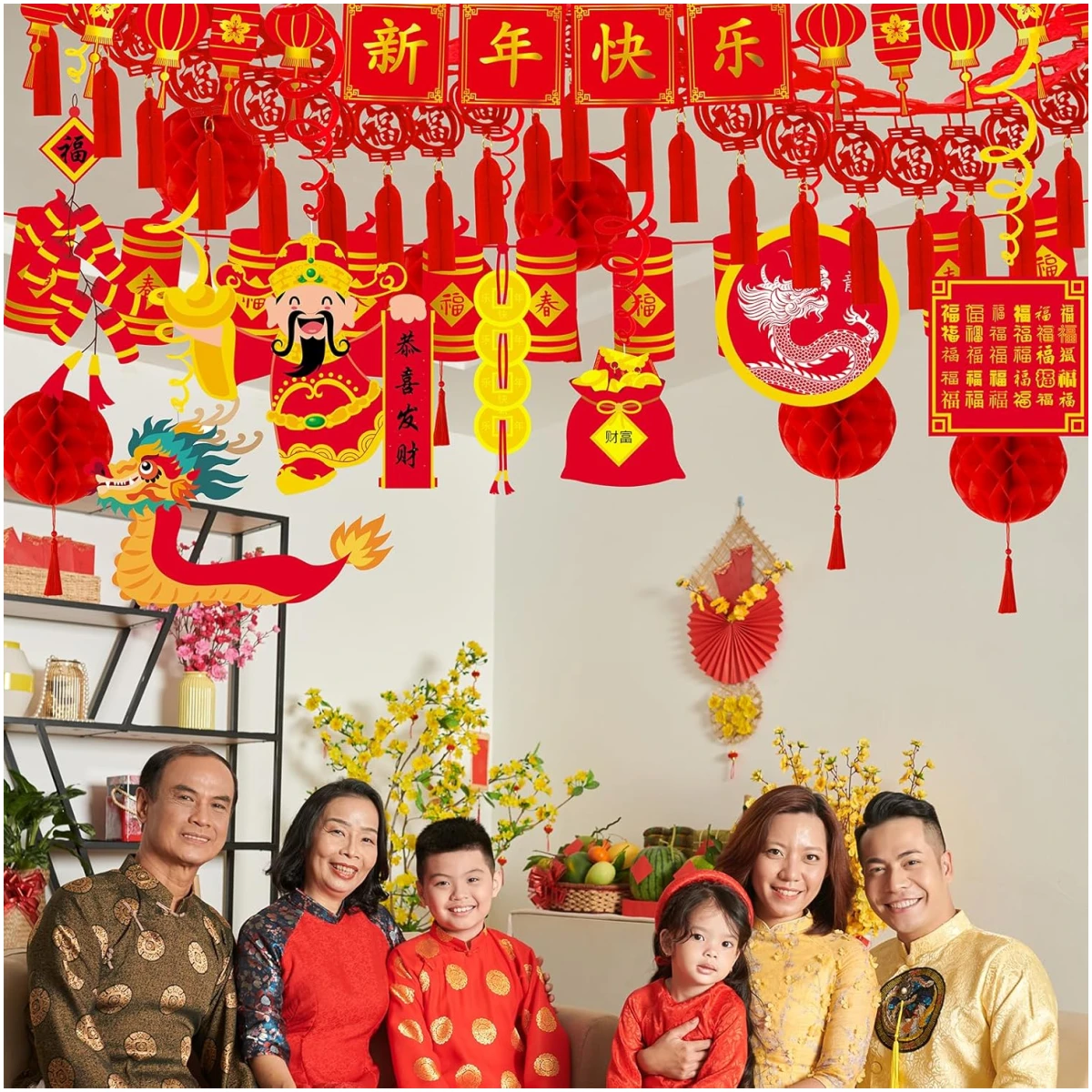 Winlyn Bulk Chinese New Year Party Decorations Oriental Hanging Red Lanterns Lucky Garland Party Swirls New Year Banner Honeycomb Balls for Asian Lunar New Year Snake Year...