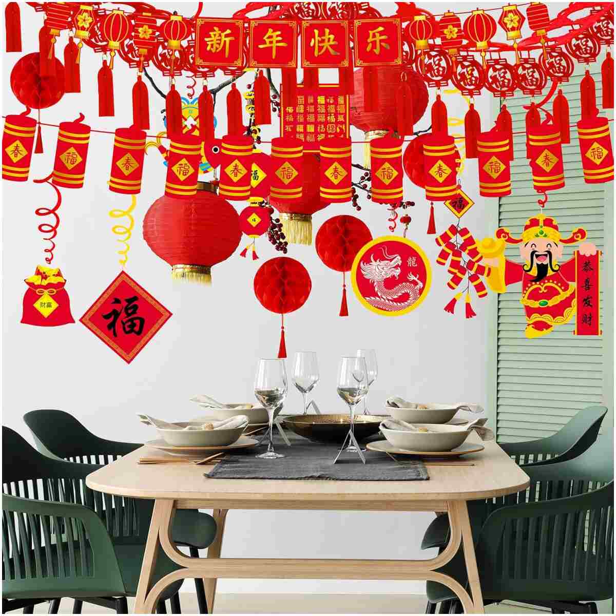 Winlyn Bulk Chinese New Year Party Decorations Oriental Hanging Red Lanterns Lucky Garland Party Swirls New Year Banner Honeycomb Balls for Asian Lunar New Year Snake Year...