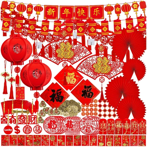Winlyn Chinese New Year Party Decorations Red Lanterns Paper Fans Red Envelopes Hong Bao Coins Oriental Lucky Garland Chinese Knot Tassel FU Character Paper Cutting for Asian...