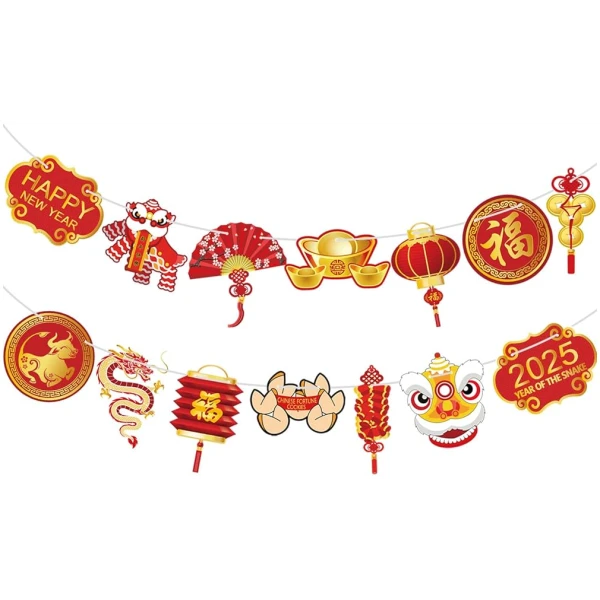 Year of the Snake Garland 2025 Chinese New Year Flag Banner Happy New Year Decoration China Party Spring Chinese New Year Banners Garland (Snake)