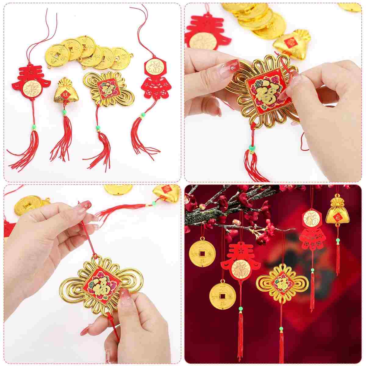 44pcs Chinese New Year Decorations, 2025 Red Chinese Knot Hanging Ornaments Lucky Fu Copper Coin Pendants for Lunar New Year Spring Festival Home Office Door Walls Trees Car...