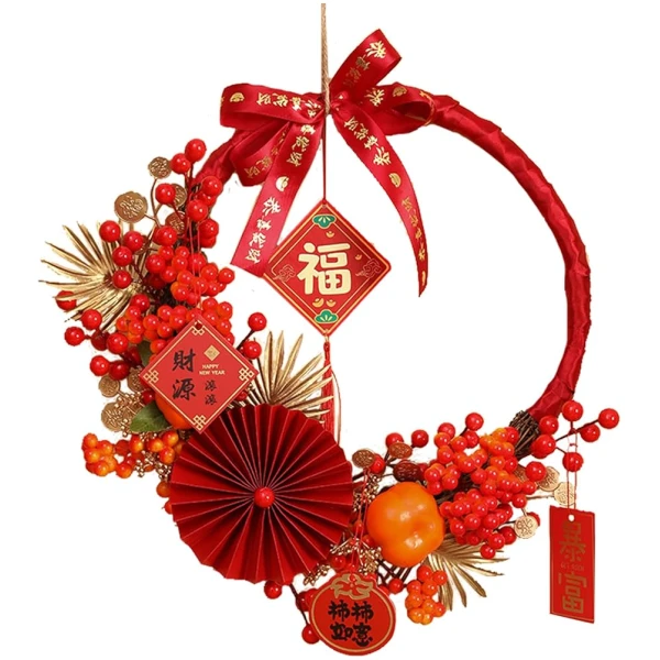 Chinese New Year Wreath LED Chinese Spring Festival Hanging Ornament Artificial Red Berry Gold Leaver Flower Wreath Decoerations for Wall Door Windows Chinese New Year Spring...