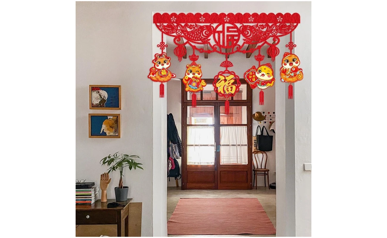 Happy Chinese New Year Hanging Door Garland, 2025 Spring Festival Lunar New Year Door Banner Sign, Year of The Snake Red String Garland Decorations for Asian New Year Spring...