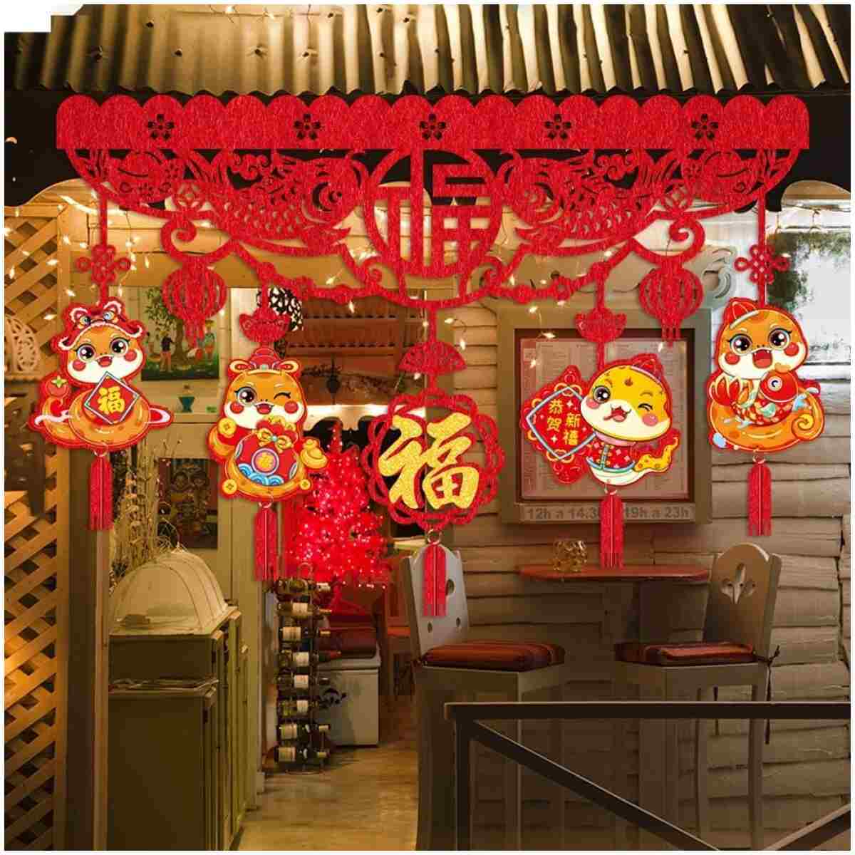 Happy Chinese New Year Hanging Door Garland, 2025 Spring Festival Lunar New Year Door Banner Sign, Year of The Snake Red String Garland Decorations for Asian New Year Spring...