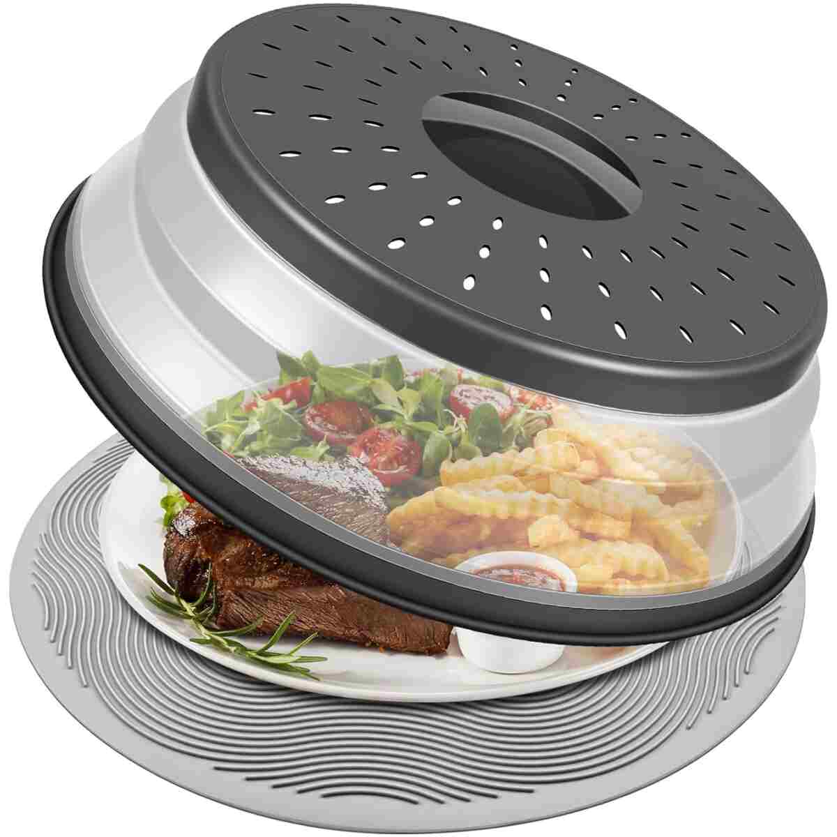 10 Inch Microwave Food Cover & Collapsible Silicone Mat - Splatter Guard, Plate Holder & Kitchen Colander for Meal Prep, Charcoal