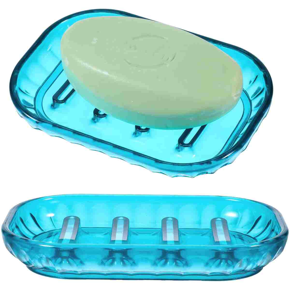 2 Pack Clear Soap Dish Holder, Bathroom Shower Bar Soap Dishes Sponge Holder Dish Soap Tray Plastic Kitchen Sink Organizer with Raised Ridges for Gym School Home Counter(Blue)