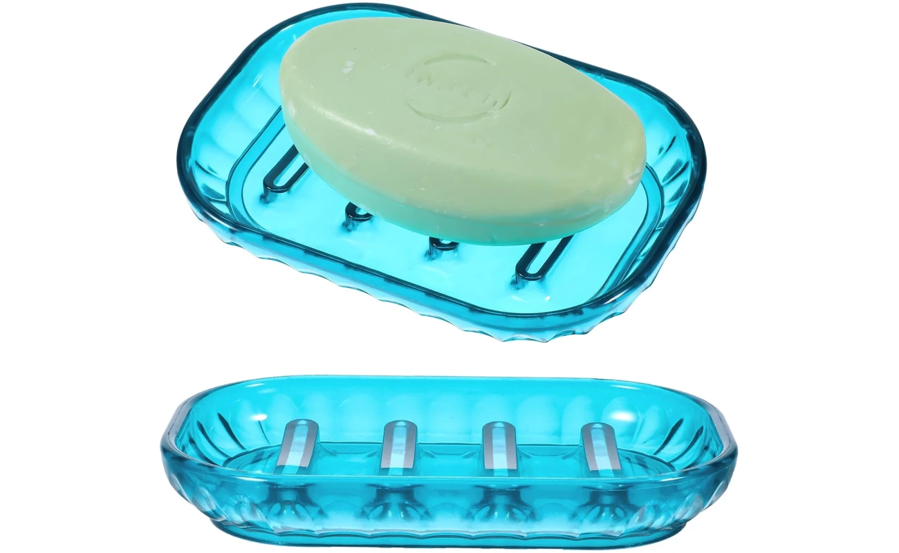 2 Pack Clear Soap Dish Holder, Bathroom Shower Bar Soap Dishes Sponge Holder Dish Soap Tray Plastic Kitchen Sink Organizer with Raised Ridges for Gym School Home Counter(Blue)