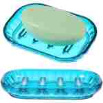 2 Pack Clear Soap Dish Holder, Bathroom Shower Bar Soap Dishes Sponge Holder Dish Soap Tray Plastic Kitchen Sink Organizer with Raised Ridges for Gym School Home Counter(Blue)